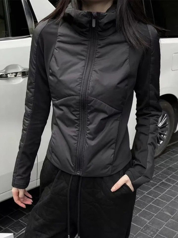 Lightweight Quilted Hooded Jacket for Women, New Autumn and Winter Style, Slim Fit, Slimming, Sporty Black Jacket, Cotton-Padded Clothing