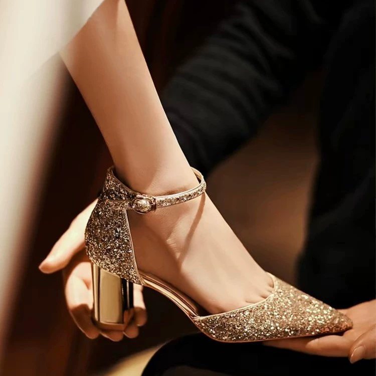 Пустые блестки с толстым каблуком блестящий темперамент свадебный банкет 2024 свадебные туфли на каблуках женские платья элегантные одиночные туфли