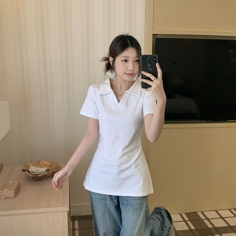 Plus-Size Polo Collar Design with Pleated Waist-Cinching, Summer New Slimming Tummy-Covering Simple Short-Sleeve Dress