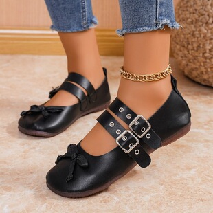 Japan and South Korea Foreign Trade plus size Belt Buckle Round Head Flat Shoes Cross-border New Bow Shallow Mouth Breathable Lazy Boat Shoes