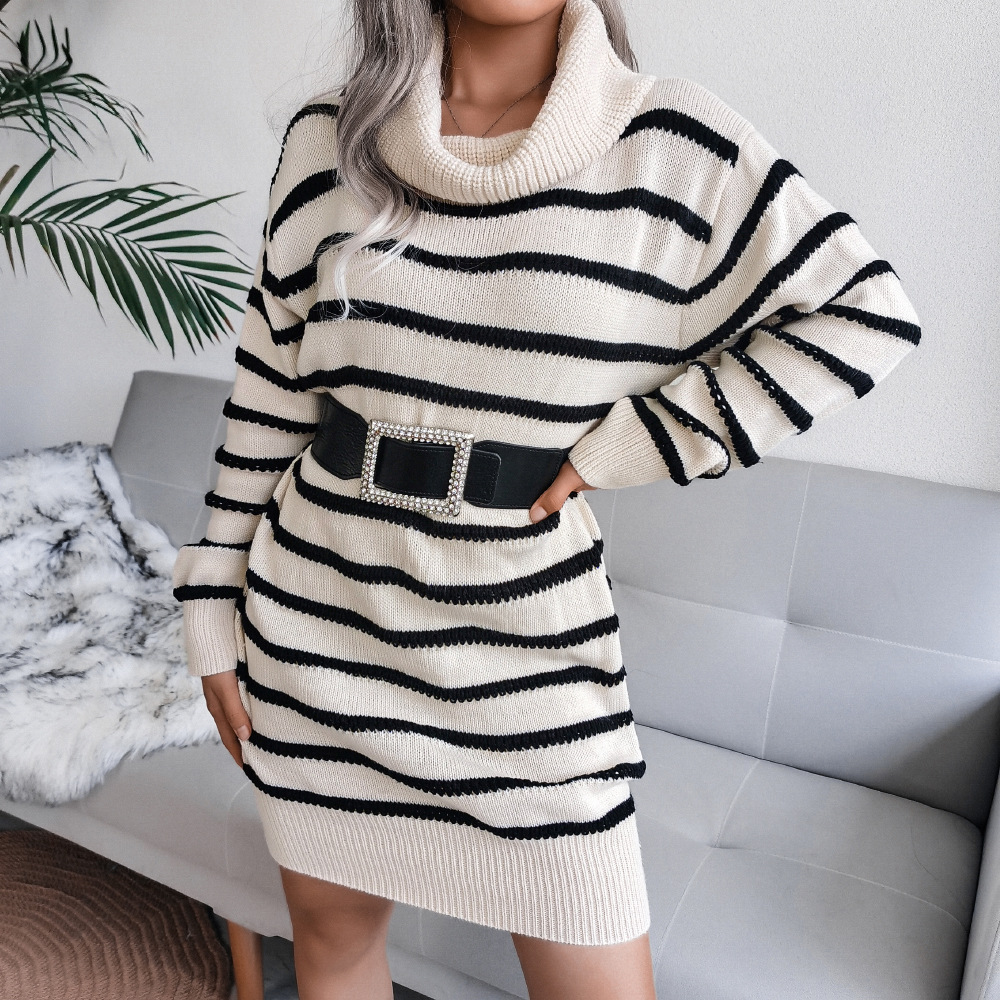 High Neck Striped Knitted Sweater Dress Without Belt NSBJ98876