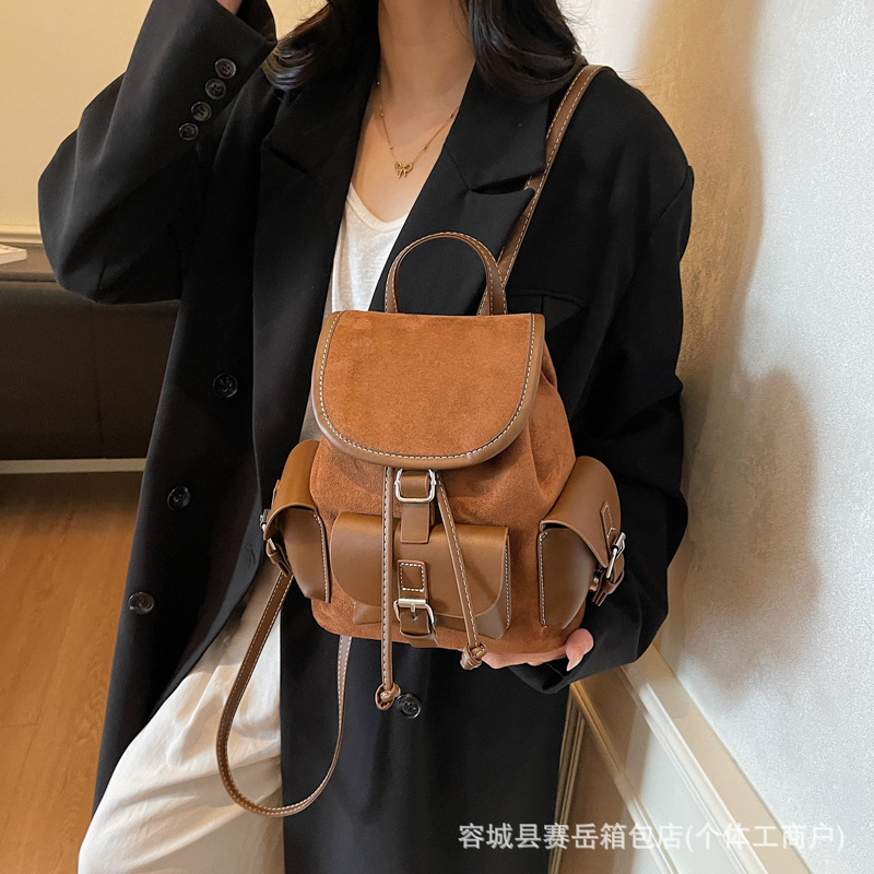 复古跨境多口袋双肩背2025新款秋冬大容量翻皮绒时尚百搭女士双肩|undefined