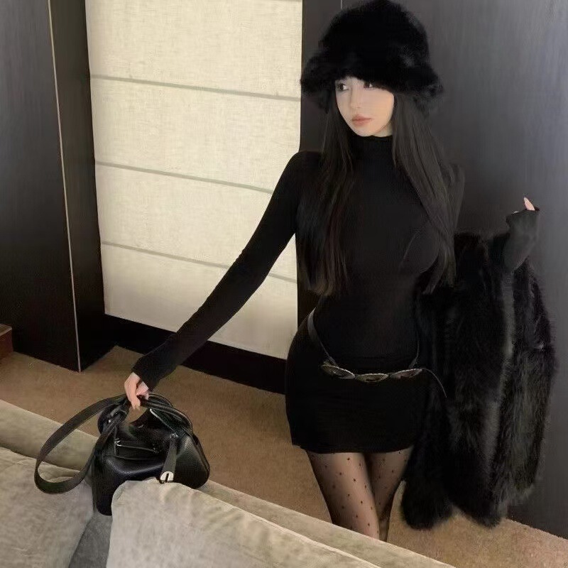 Black High-Neck Long-Sleeved Bottoming Dress for Women in Autumn and Winter New Hot Girl Style Super Nice Waist Slimming Look Hip-Hugging Short Skirt Black High-Neck Long-Sleeved Bottoming Dress for Women in Autumn and Winter New Hot Girl Style Super Nice Waist Slimming Look Hip-Hugging Short Skirt