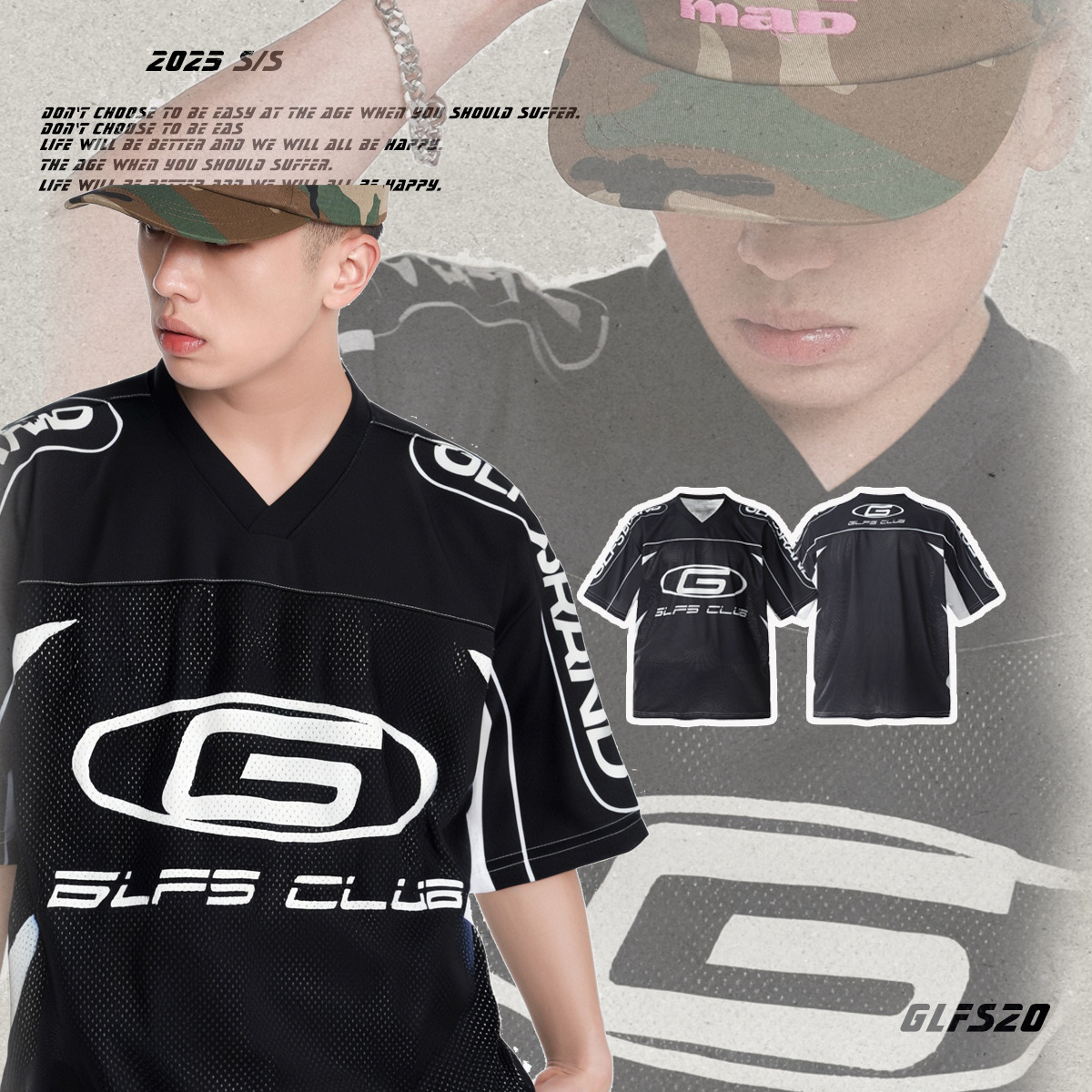 GLFS 高街赛车设计数码印花潮牌网面短袖百搭上衣高品质棒球领t恤