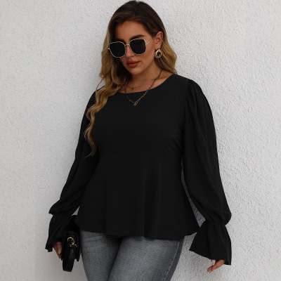 HY36061782#欧美大码时尚纯色褶皱长袖内搭上衣 2022春季女T恤