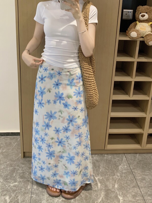 プラスサイズの女性のファットmm花柄スカート女性の夏の新しいホリデースタイル甘い痩身ストレートスカート|undefined