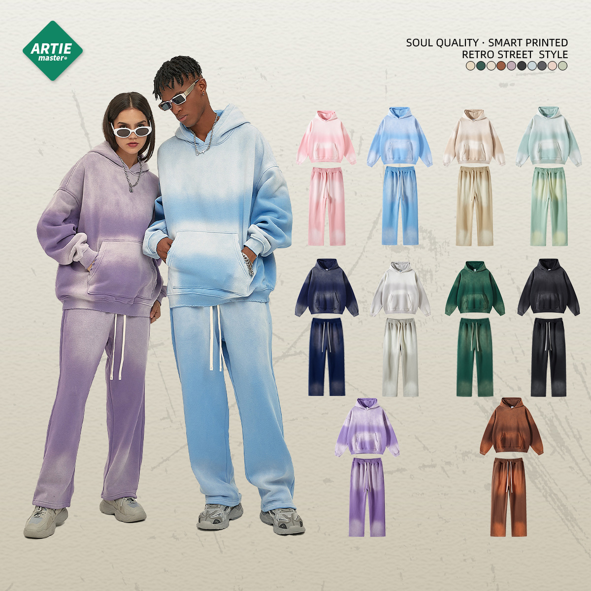 2023 otoño e invierno nuevo 360g marca de moda suéter de los hombres teñido en aerosol angustiado engrosada con capucha marca de moda suéter de los hombres pantalones traje