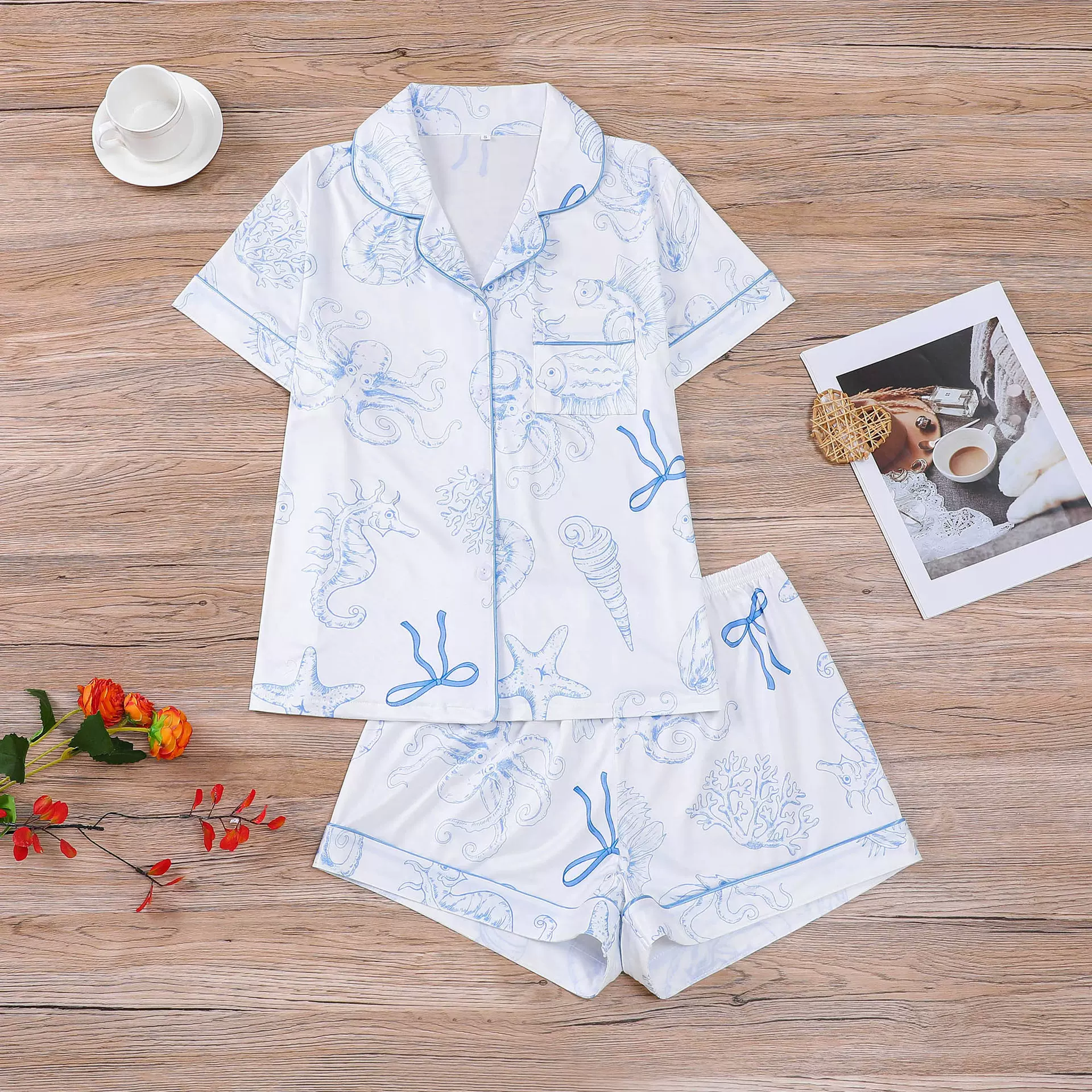 跨境外贸睡衣四季印花翻领宽松短袖短裤女士家居服women pajamas