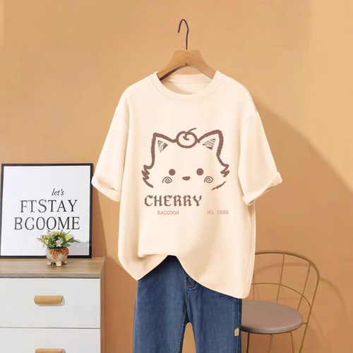 Printed Heavyweight Straight Shoulder T-Shirt 2025 Summer Casual Plus Size Crew Neck Five-Button Tee