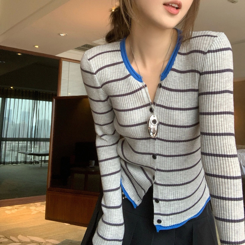 小香风撞色条纹针织开衫女2025秋冬新款韩系穿搭修身短款毛衣上衣|undefined