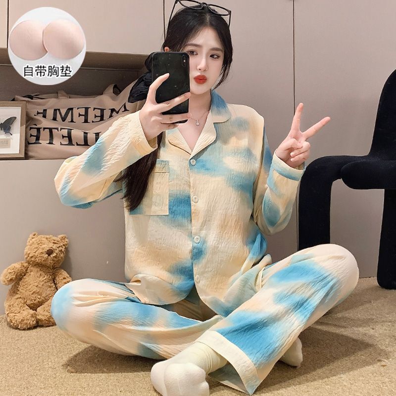 新中式睡衣女春秋季新款带胸垫云朵棉刺绣开衫长袖宽松家居服套装|undefined