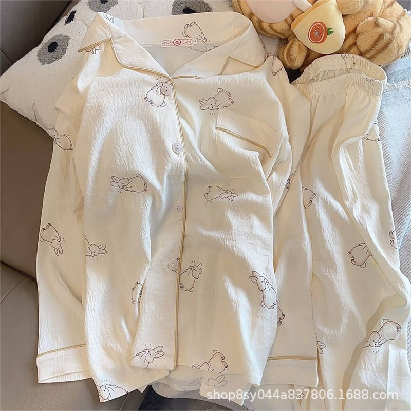 Dolce niña encantadora caricatura perro impresión pijama mujer primavera y otoño nuevo suelto pantalones largos de mangas largas set de ropa para el hogar