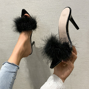 European and American New plus size Pointed High Heel Slippers Women's Fine Heel Fashion Mao Mao Open Toe Fashion Sandals High heels