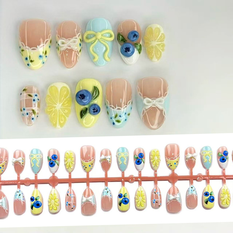 Resin Fruit-Style Lace Floral Press-On Nails, European and American Pastoral Style, Trendy Cross-Border Butterfly Nail Stickers