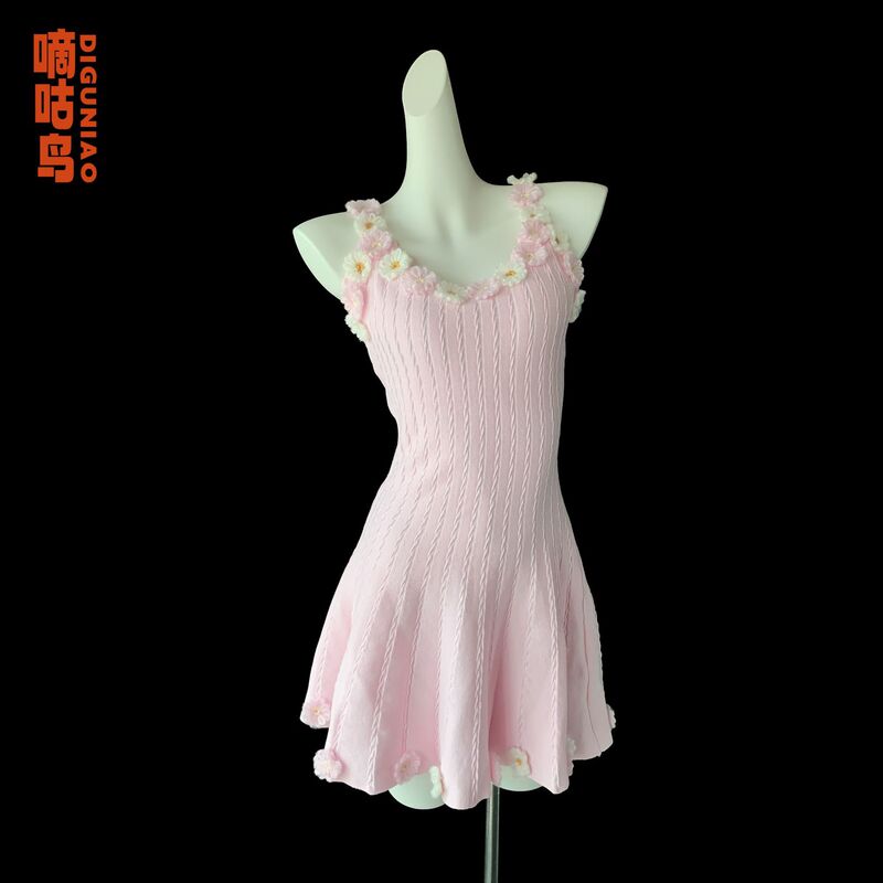Pink Floral Mist, Fairy-Like Pink Daisy Knit Camisole Dress, Sweet Style Fairy Dress for Petite Women Pink Floral Mist, Fairy-Like Pink Daisy Knit Camisole Dress, Sweet Style Fairy Dress for Petite Women