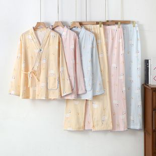 New Kimono Cotton Double Gauze Moon Clothes Pajamas Spring and Summer Pregnant Women Postpartum Lactation Adjustable Home Clothes
