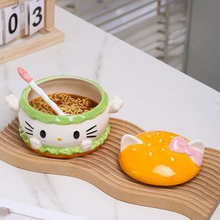 Cute Hello Kitty Burger Instant Noodle Bowl Ceramic Large-Capacity Rice Bowl with Lid Anti-Scalding Cartoon Household Tableware