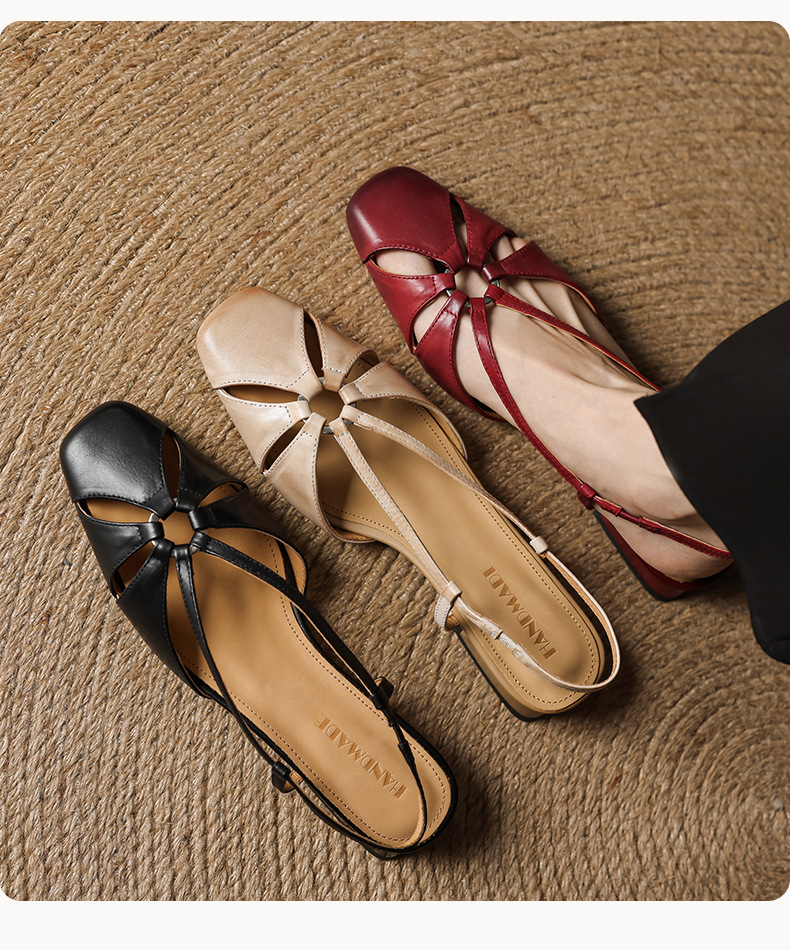 Sandal nữ quai ngang mũi nhọn phong cách vintage, gót thấp 3 cm — đen chi tiết 15