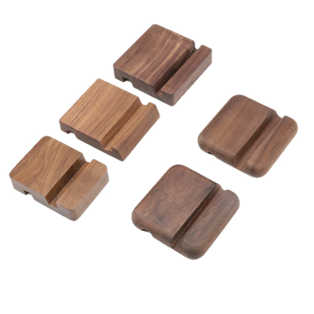 Fabricante mayorista de soporte de teléfono de madera sólida escritorio creativo de madera de avele negro de nuez soporte de teléfono puede imprimir láser en color