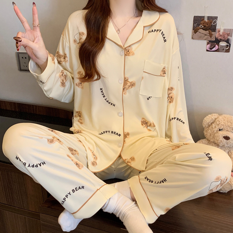 Source Factory (リアルショット) Sweet Ins かわいいクマのパジャマ レディース 長袖 カジュアル ミルク シルク ホームウェア セット|undefined