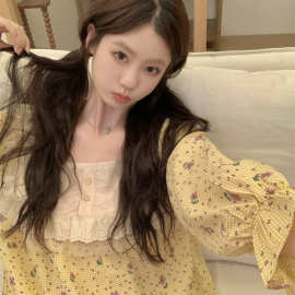 实拍春季睡衣女小碎花甜美蕾丝可外穿棉质韩版家居服长袖长裤套装