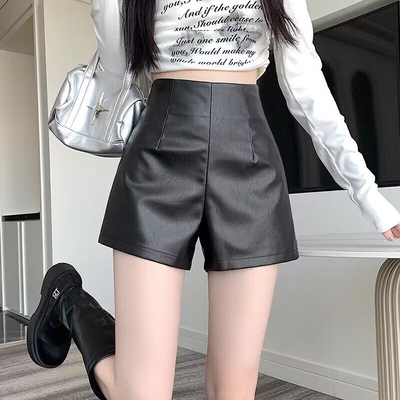 Pu Leather Shorts for Women, European and American Style, Plus Size, Slimming Wide-Leg Hot Pants, Sexy Small Leather Pants, Autumn and Winter Outerwear, A-Line Boot Shorts