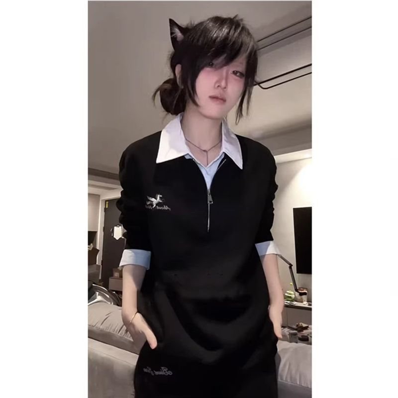 美式假两件拼接衬衫领卫衣男女款学院风翻领休闲半拉链Polo衫上衣