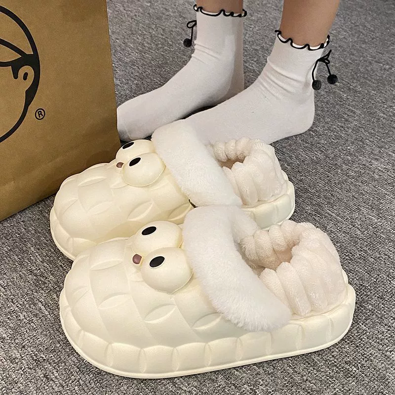 Съемные хлопчатобумажные тапочки женские зимние дома толстые подошвы студенческое общежитие милые большие глаза теплые меха и хлопчатобумажные туфли