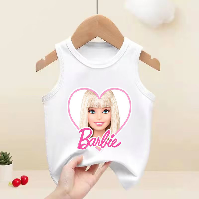 跨境熱銷Barbie 芭比卡通圖案印花童裝中大童無袖背心春夏新款潮