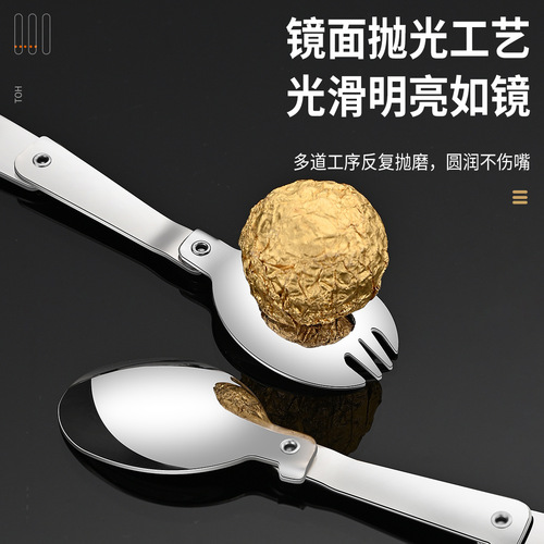 304 stainless steel spoon lunch box stew beaker double gasket folding spoon portable outdoor three-fold spoon fork factory direct supply