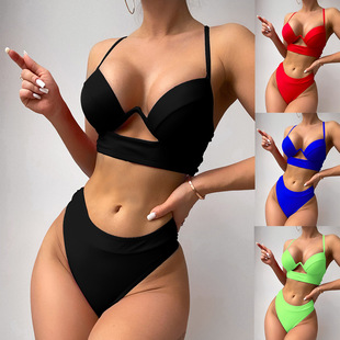 2023 Yixi New Cross-border European and American Women's Swimsuit with Steel Tracer Hard Bag Nylon Solid Color Hollow-out Sexy Bikini