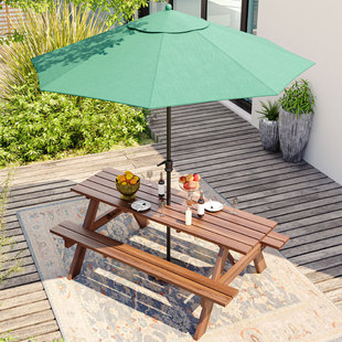 Outdoor Terrace Anti-Corrosion Wood Table and Chairs with Umbrella Outdoor Courtyard Solid Wood Leisure Table Open-Air Rainproof Waterproof Sun Protection Long Table