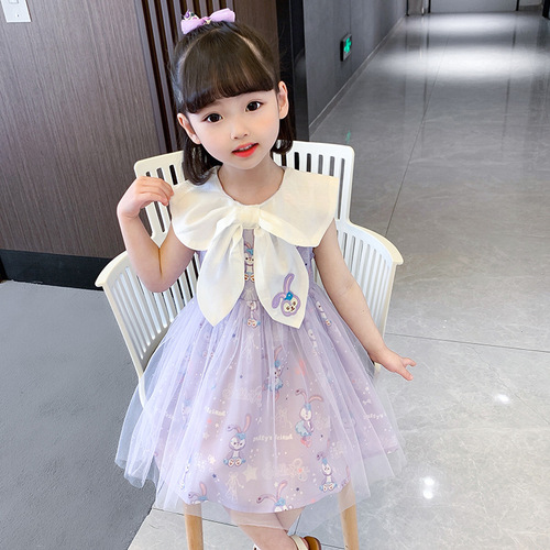 Girls Star Dew Dress Summer Baby Style Princess Dress Sweet Dress Lapel Butterfly Mesh Puff Skirt
