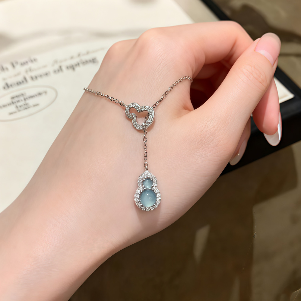 银贝福禄双全S925纯银天然蓝水葫芦镶满钻项新中式锁骨送闺蜜