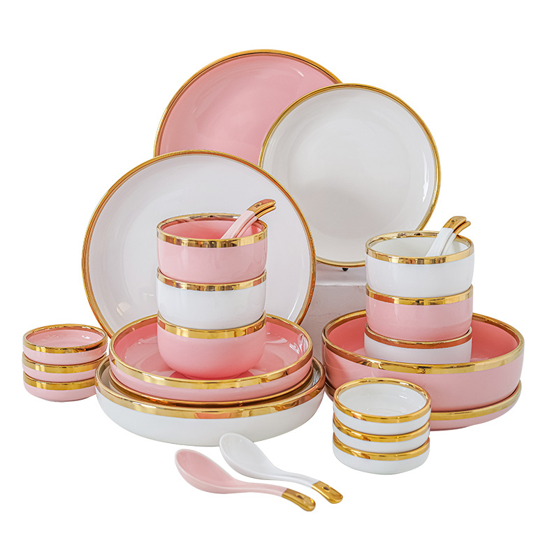 Vajilla de cerámica con borde dorado, combinación creativa de tazones