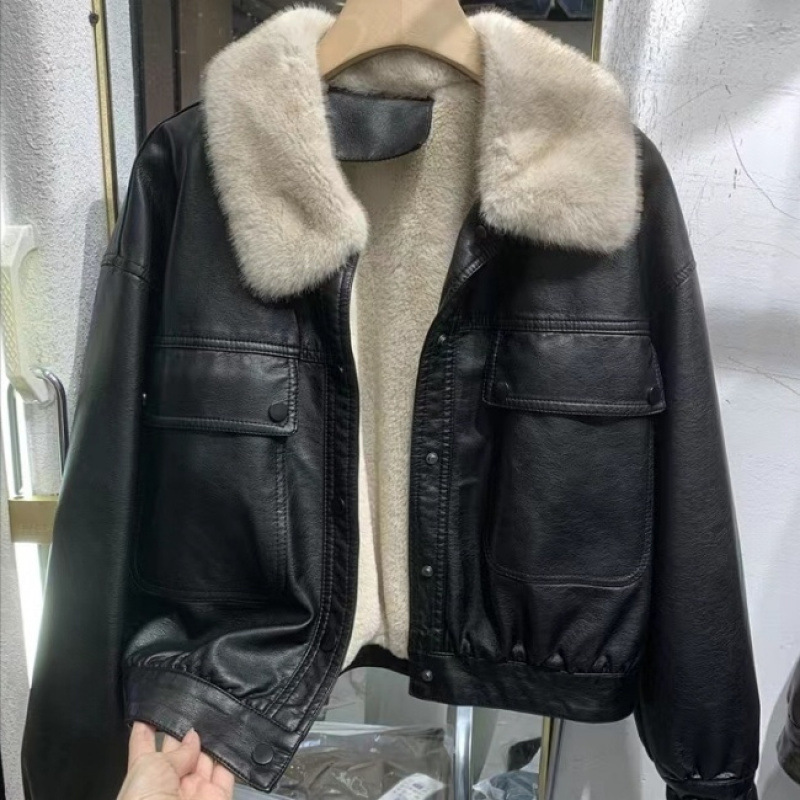 ヨーロッパ製ベルベットレザージャケットレディース冬香港スタイルレザーライダースジャケットレッキスラビットファー裏地ショートトップ|undefined
