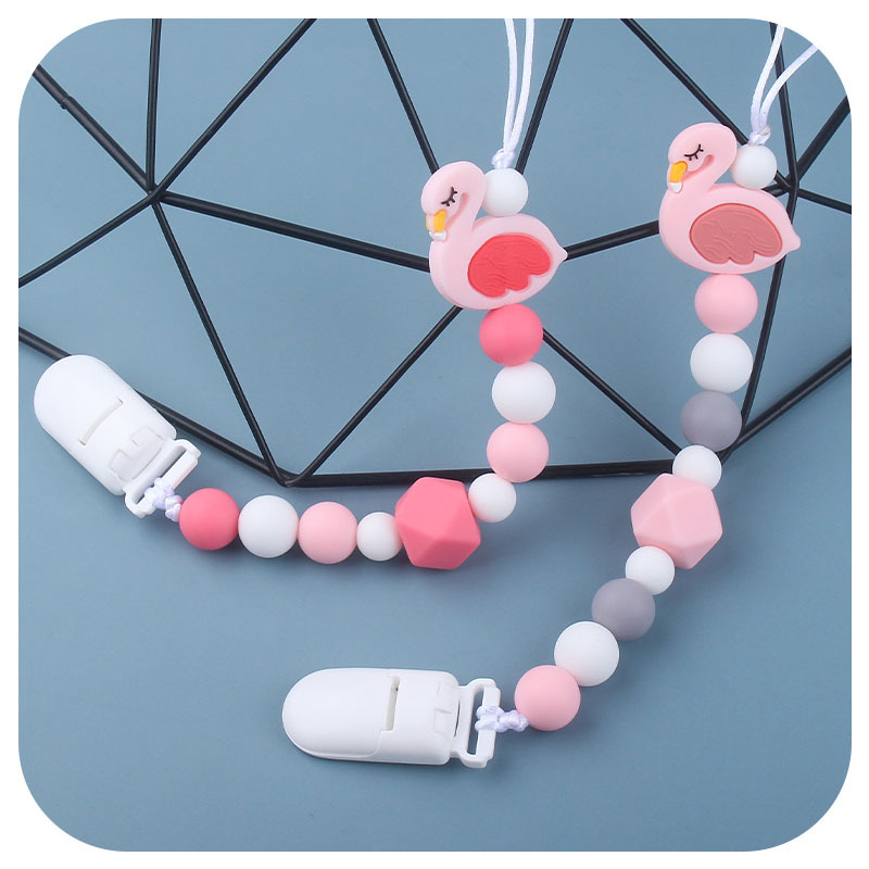 Bebé de dibujos animados animal Flamingo juguete de silicona dientes de bebé molienda palo mordedor chupete cadena anti-gota cadena