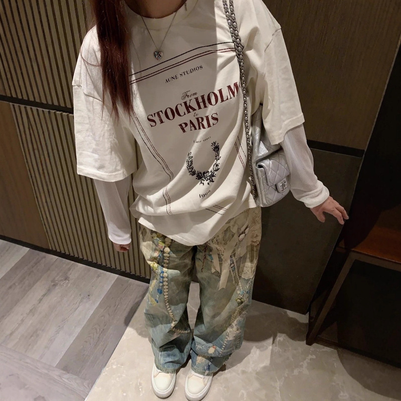 32S Pure Cotton Double Yarn + Sleeve Mesh Autumn Round Neck T-Shirt for Women New Plus Size 150kg Versatile Patchwork Top