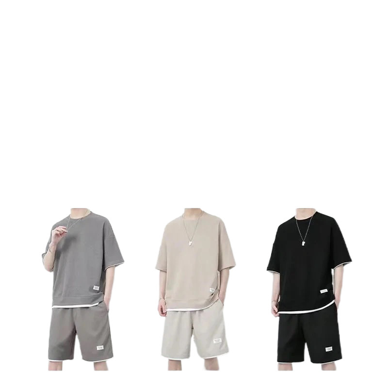 청소년 여름 와플 여름 아이스 실크 반팔 티셔츠 통기성 바지 캐주얼 스포츠 트렌디 심플