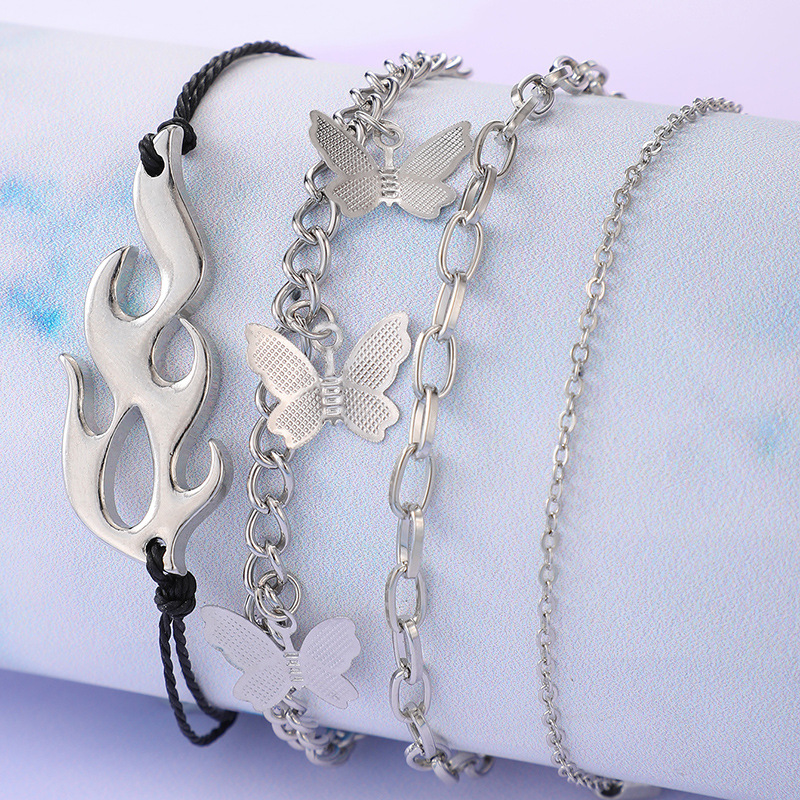 AliExpress CrossBorder Ins Style Fashion Ornament Silver Butterfly Bracelet FourPiece Flame Braided Bracelet Suitpicture2
