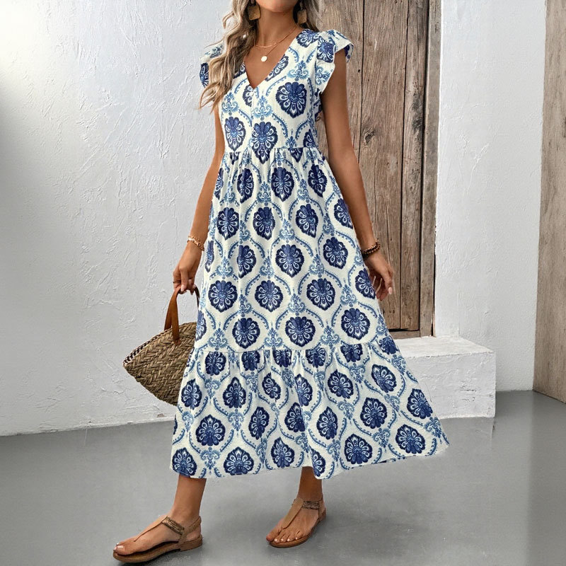 Robe longue imprimée ample à col V profond style vacances K New Vacation Style_voghion.com