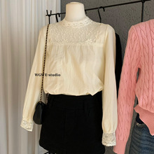 WGWE8013广州十三行女装秋装新款小个子立领拼接长袖衬衫小衫上衣