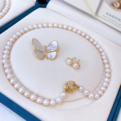 淡水珍珠项链妈妈链8-9近圆微瑕串珠链套装3件套母亲节珠宝白珍珠|ru