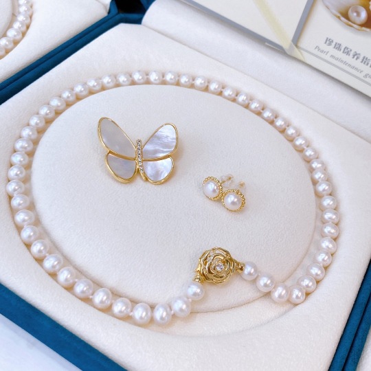 淡水珍珠项链妈妈链8-9近圆微瑕串珠链套装3件套母亲节珠宝白珍珠|ru