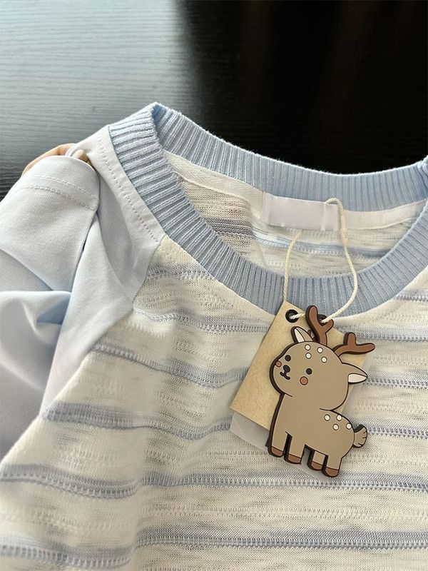 実費【オリジナル生地】糸ネックライン+バックエッジ+刺繍+ストライプ半袖Tシャツ 男女兼用|undefined