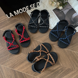 MiuMiu same 2025 new hemp rope woven Roman sandals women's holiday casual soft bottom flat fairy sandals