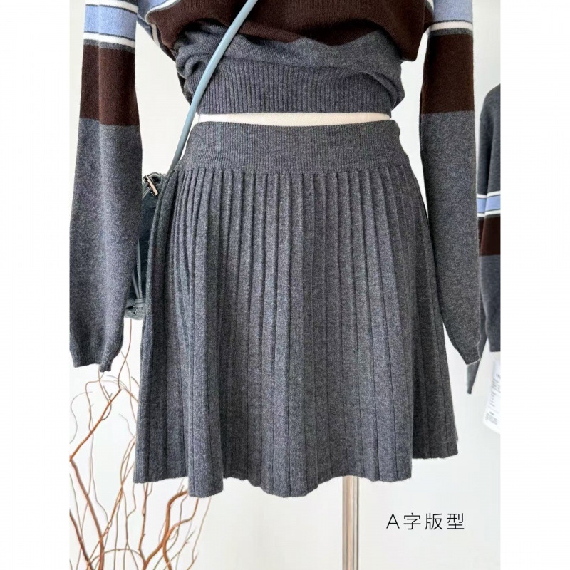 塞纳韩系灰色条纹长袖针织衫套装女秋冬新款宽松上衣百褶裙两件套|undefined