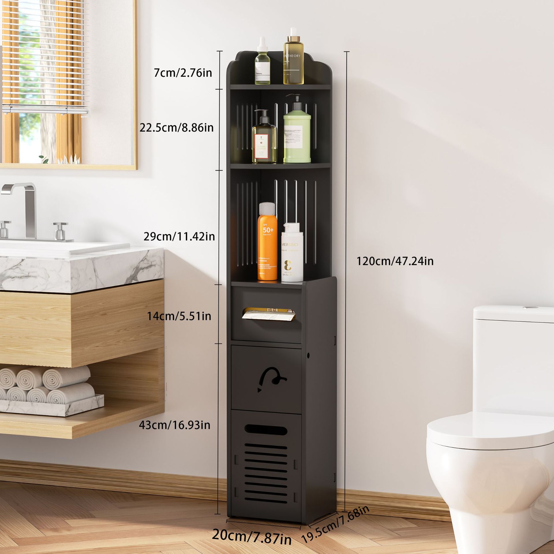 Estante de almacenamiento de baño, estante de almacenamiento de inodoro, estante de almacenamiento de múltiples capas de piso de cosméticos, gabinete de almacenamiento estrecho