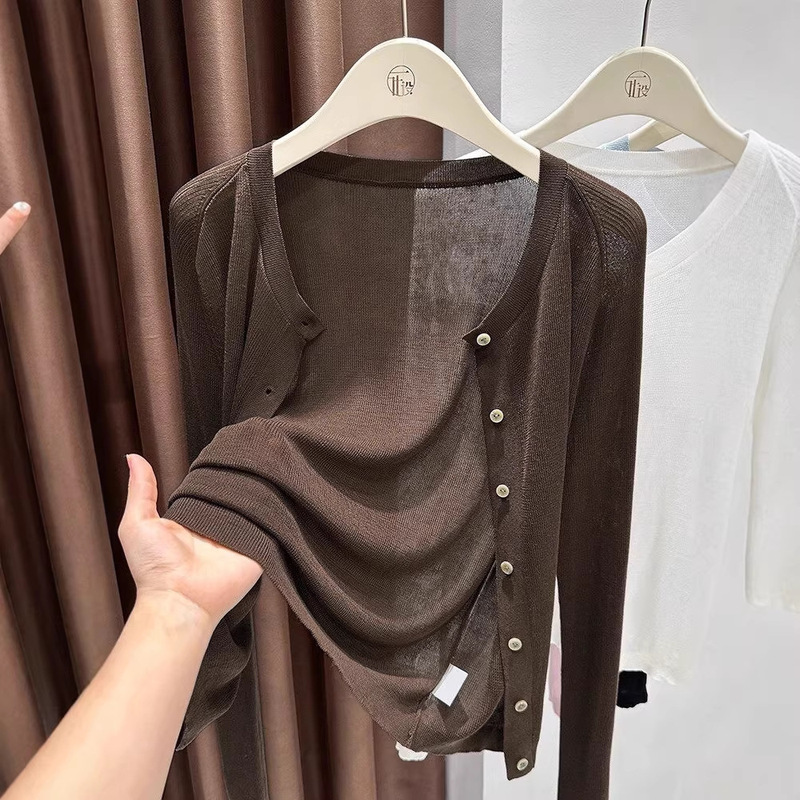 Coffee-Colored Knitted Cardigan Jacket, Thin Style, Early Spring Trendy Outfit, Lyocell Tencel Top, Sun Protection Shawl, High-End Feel