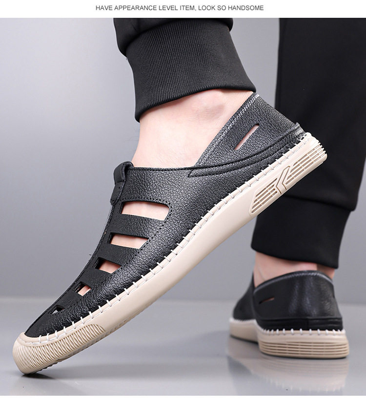 Giày lười sandal nam thoáng khí khoét lỗ, mũi tròn, đế cao su chống trượt — Màu nâu, màu đen chi tiết 16